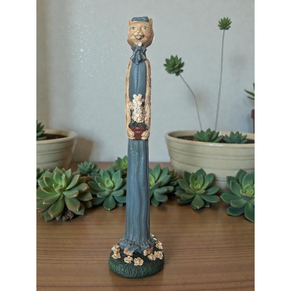 Tall Folk Art Cat Figurine Country Cottage Style Hand Painted Decor Daisies